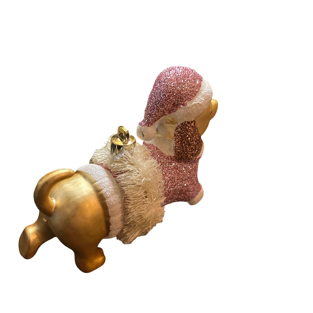 Holiday Dachshund Dog Pink and Gold Ornament with Glitter Santa Suit - Picture 2 of 5
